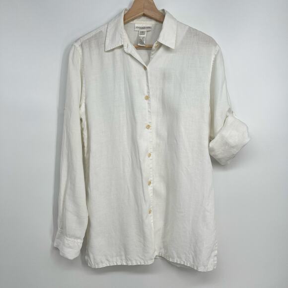 Jones New York Sport Linen Blouse Button Up Top Tunic Women Small White Collared - Picture 2 of 9
